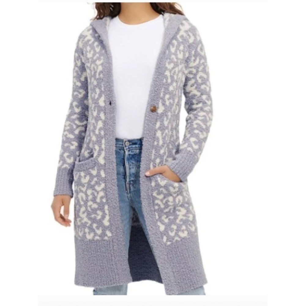 UGG Women Leopard Print Hooded Cardigan Sweater Robe Lavender Cream Longline M/L